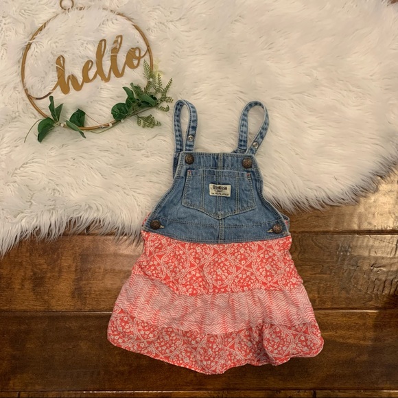 OshKosh B’gosh Dress Overalls red white floral skirt front pocket size 2T - Picture 1 of 6